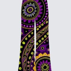 A purple and yellow paisley pattern on a black background.