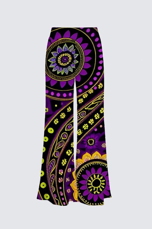 A purple and yellow paisley pattern on a black background.