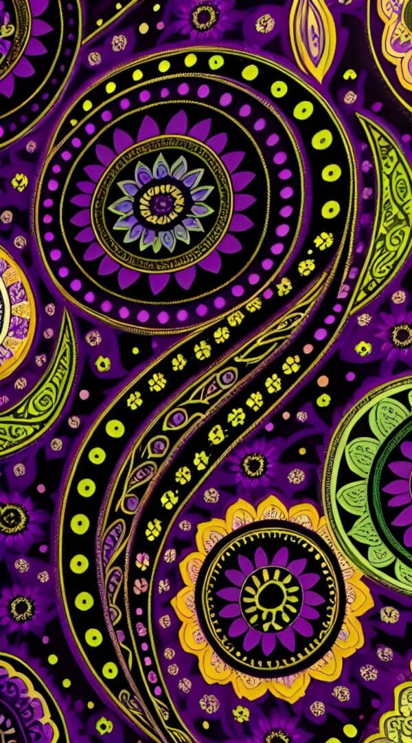 A purple and yellow pattern with green circles.