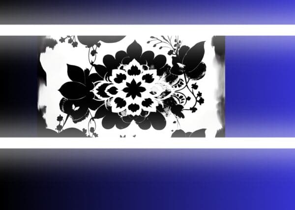 A black and white picture of flowers on a blue background