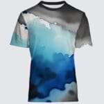 A t-shirt with an abstract painting of blue and black.