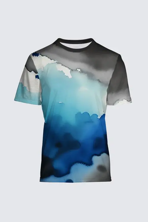 A t-shirt with an abstract painting of blue and black.