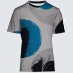 Abstract patterned t-shirt with blue and black.