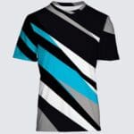 Colorful geometric patterned short-sleeve t-shirt.