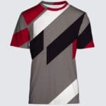 Geometric patterned t-shirt in red and gray.