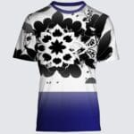 A t-shirt with a black and white design on it.