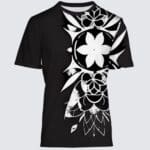 Black t-shirt with white floral design.