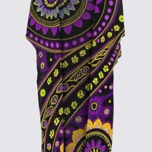 A purple and yellow patterned sarong is draped over the body.