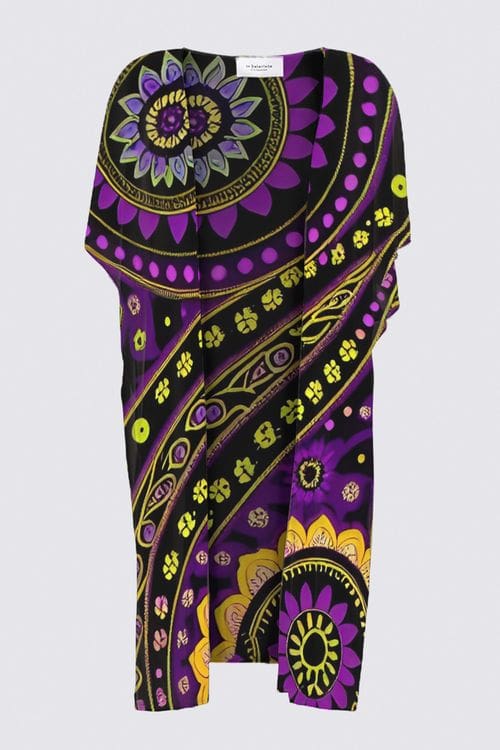 A purple and yellow patterned sarong is draped over the body.