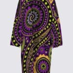 A purple and yellow dress with an elaborate pattern.