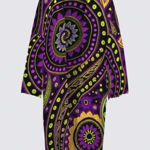 A purple and yellow dress with an elaborate pattern.