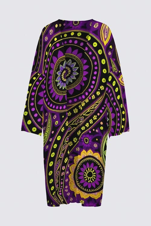 A purple and yellow dress with an elaborate pattern.