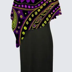 A black dress with purple and yellow designs on it