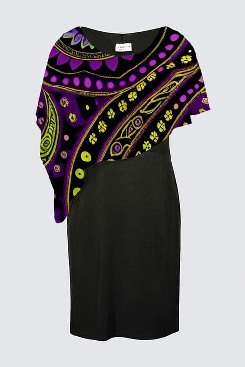 A black dress with purple and yellow designs on it