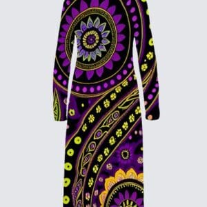 A purple and yellow dress with an abstract design.