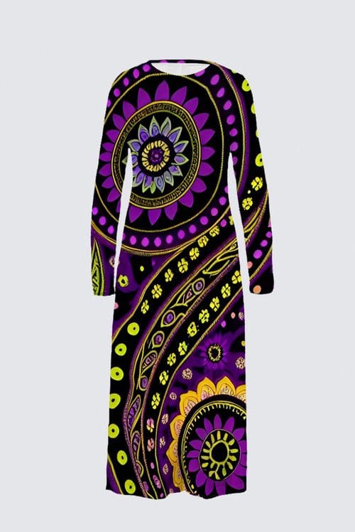 A purple and yellow dress with an abstract design.