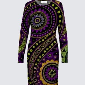 A purple and green dress with a pattern on it