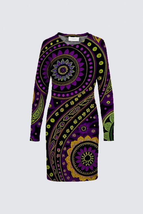 A purple and green dress with a pattern on it