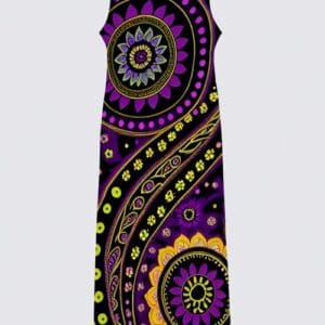 A purple and yellow dress with an abstract design.