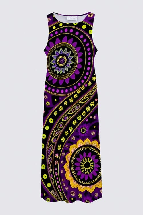 A purple and yellow dress with an abstract design.