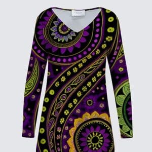 A purple and green dress with an abstract design.