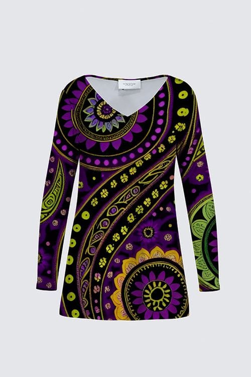 A purple and green dress with an abstract design.