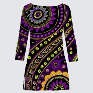 A purple and yellow dress with a pattern on it