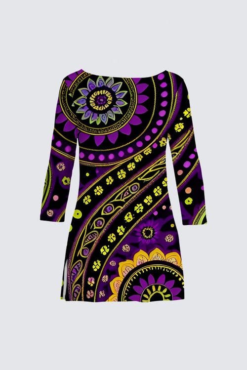 A purple and yellow dress with a pattern on it