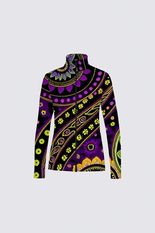 A purple and yellow patterned shirt with long sleeves.