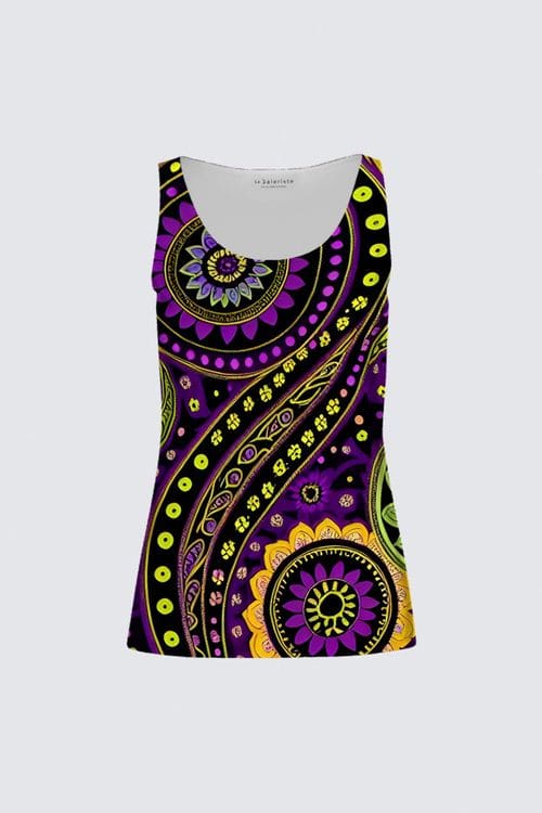 A purple and yellow paisley pattern tank top