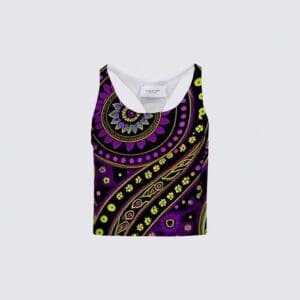 A purple and yellow tank top with an abstract design.