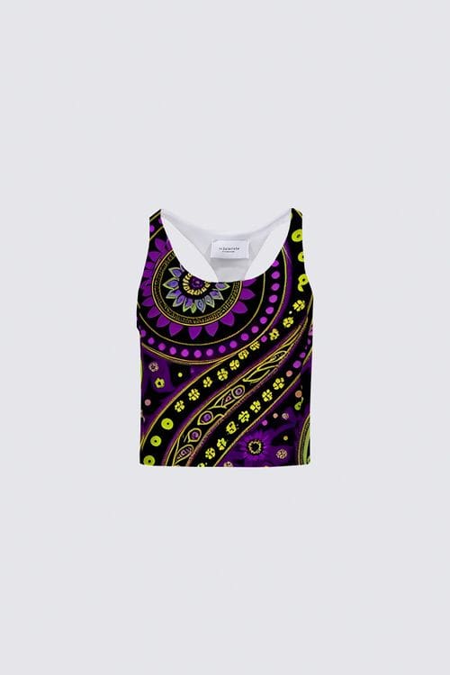 A purple and yellow tank top with an abstract design.