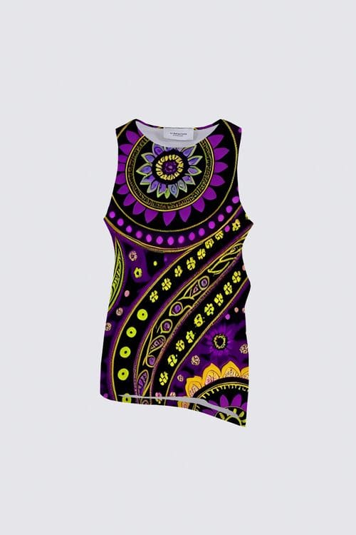 A purple and yellow pattern on top of a dress.