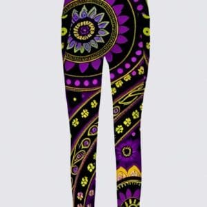 A purple and yellow patterned leggings with an abstract design.