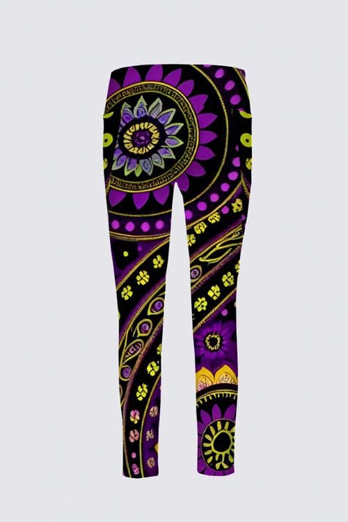 A purple and yellow patterned leggings with an abstract design.