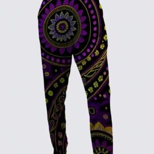 A purple and yellow patterned jogger pants