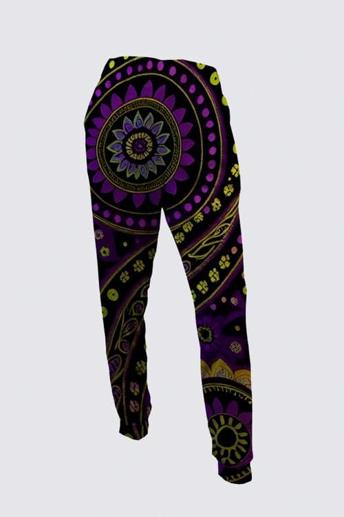 A purple and yellow patterned jogger pants