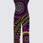 A purple and yellow patterned jumpsuit is shown.