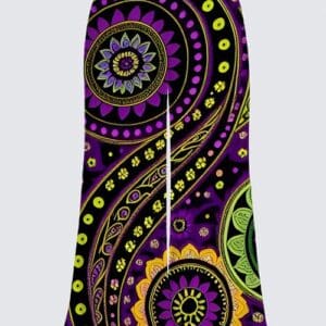 A purple and yellow paisley pattern on a long skirt.