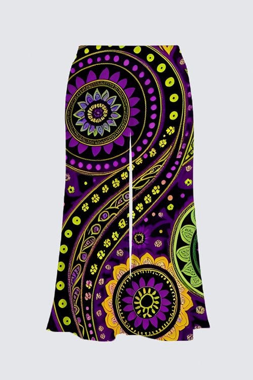 A purple and yellow paisley pattern on a long skirt.