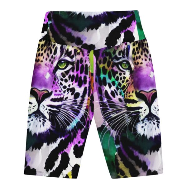 A pair of colorful shorts with a leopard print.