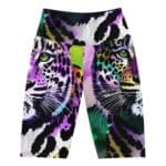 A pair of colorful shorts with a tiger 's face on it.