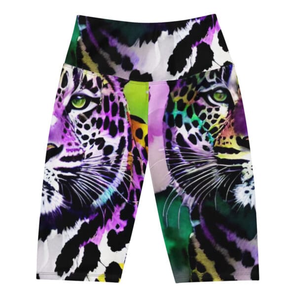 A pair of colorful shorts with a tiger 's face on it.