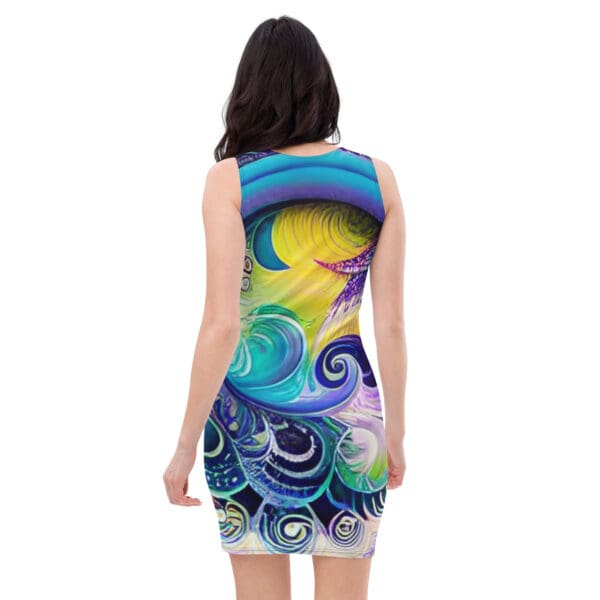 A woman wearing a dress with an ocean design.