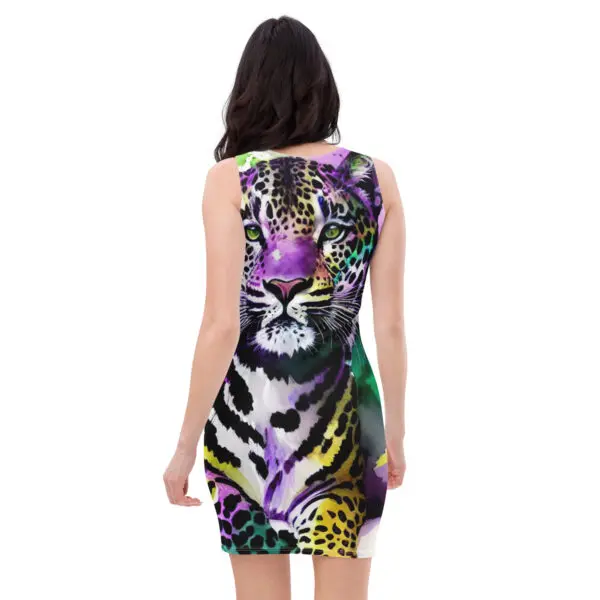 A woman wearing a dress with a tiger design.