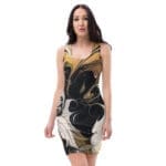 A woman wearing a dress with a painting of flowers.