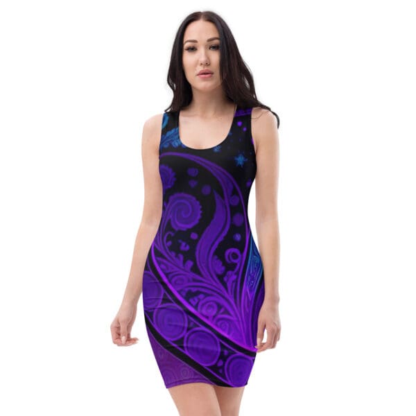 A woman wearing a purple dress with a design on it.