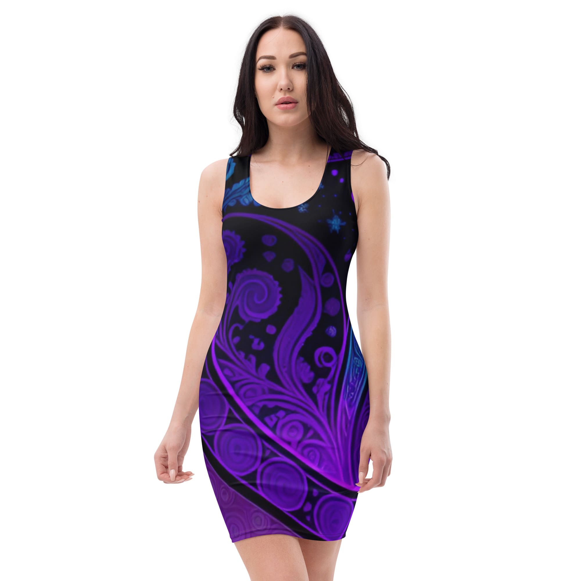 A woman wearing a purple dress with a design on it.