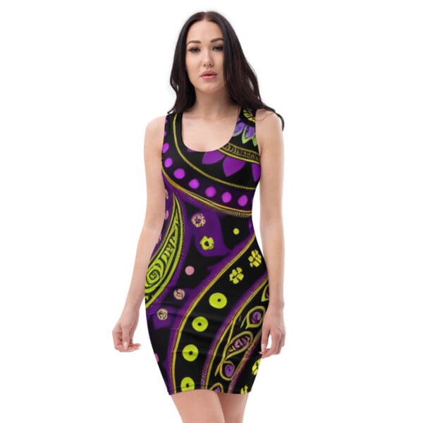 A woman wearing a dress with purple and yellow designs.