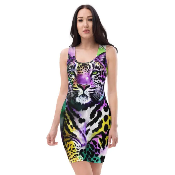 A woman wearing a dress with a tiger design.